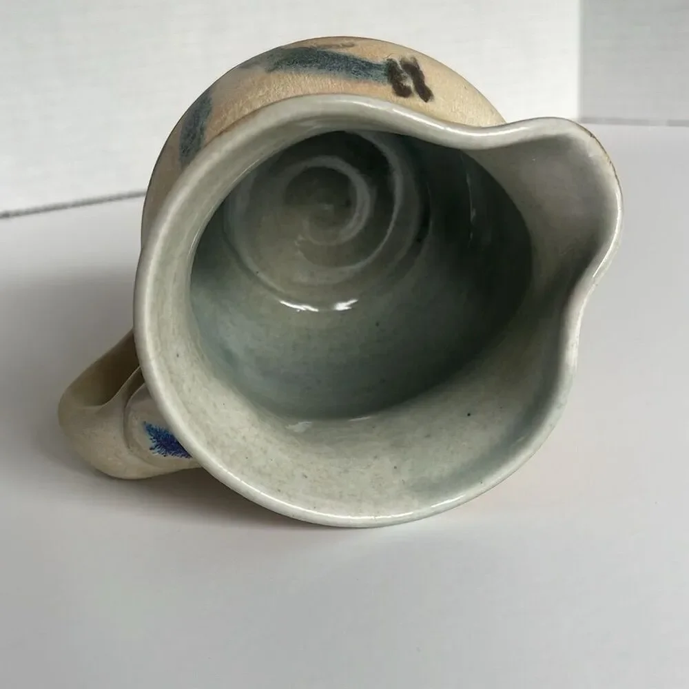 Vintage Mhyren Pottery Pitcher Blue Iris Flower Design Salt Glaze Signed‎